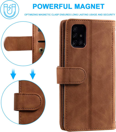 EYZUTAK Wallet Phone Case for Samsung Galaxy A51, Retro Matte 9 Card Holder Slots Zipper Pocket Case - Brown