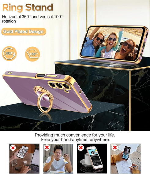 LeYi Samsung Galaxy A15 5G Case with Tempered Glass Screen Protector, 360° Rotatable Ring Holder, Purple