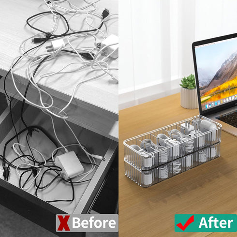 Cable Storage Boxes Organizers 2 Pack, Stackable Cord Charger Storage Organizer Box Case with 20pcs Cable Ties, Clear