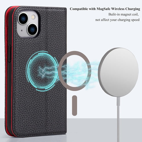 VISOUL 15 15(6.1-inch)(Black+Red) Folio Case Compatible with iPhone Wallet Case with Card Holder, Pebbled Real Leather