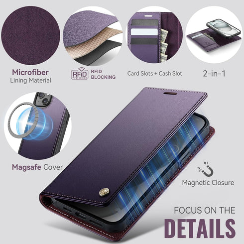 PlusnapX 13 2-in-1 13 6.1", Wallet Case for iPhone Compatible with Magsafe, PU Leather Flip RFID Blocking Card Holder