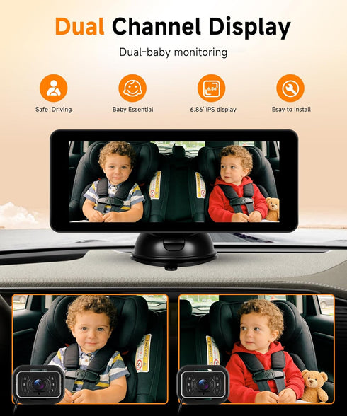 MAHVEC 2 6.86 Inch 2 Dual Baby Car Monitor for Kids - IPS Split Display with IR Night Vision Camera, Dual Channel Car