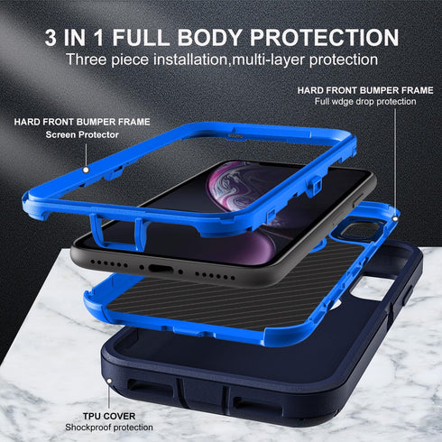 Military Grade 3 in 1 Heavy Duty Shockproof/Drop Proof/Dust Proof Case for iPhone XR, with 2Pcs Tempered Glass Screen