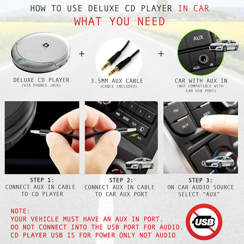 Portable CD Player with 60 Second Anti Skip, Stereo Earbuds, Includes Aux in Cable and AC USB Power Cable for Home or