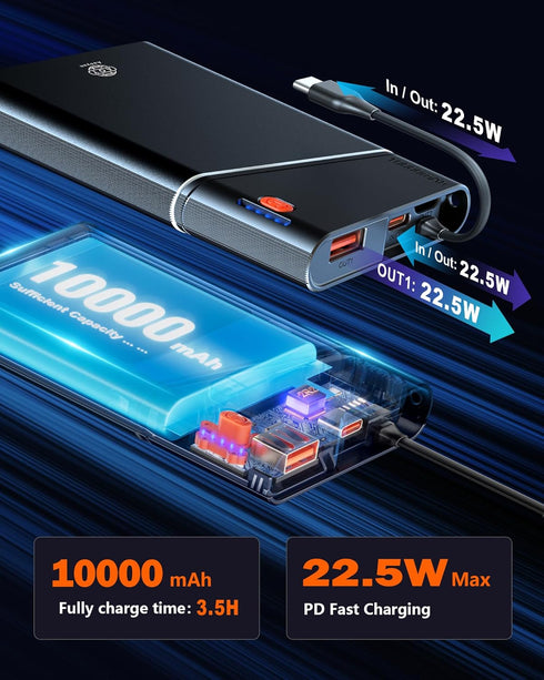 2-Pack Portable Charger, 22.5W PD Fast Charging 10000mAh Power Bank with Built-in Cable for Travel
