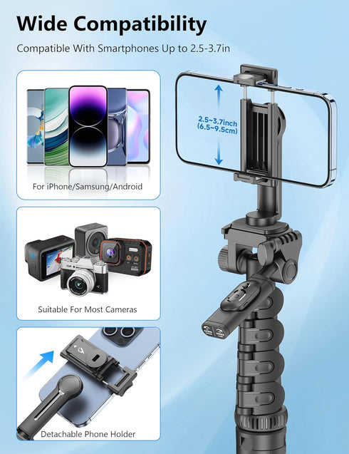 SelfieShow 72" Phone Tripod & Selfie Stick, Extendable Cell Phone Tripod Stand with Detachable Remote&Phone Holder