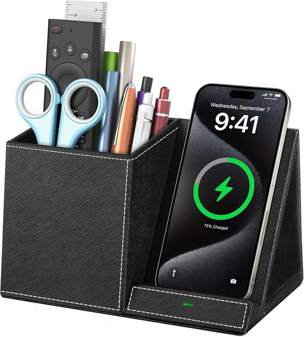 Pen Holder for Desk, Organizer with Wireless Charger, Multi-Functional Pencil Organizer for Home Office Supplies