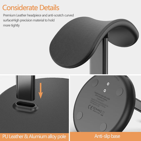 Headphone Stand with Wireless Charger, 2 in 1 Gaming Headset Holder Dock for iPhone 15/14/13/12/11, Samsung, AirPods
