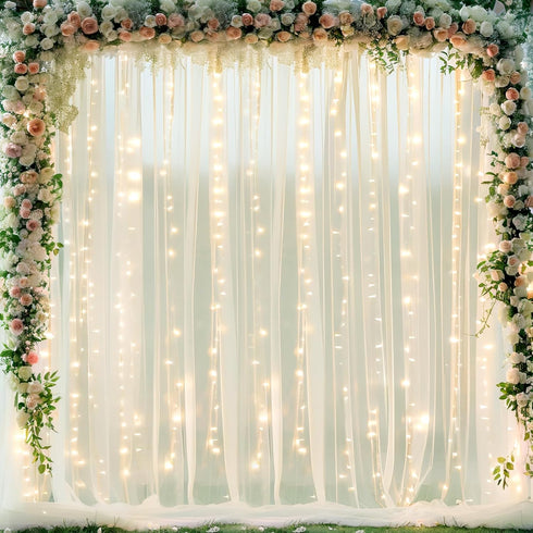 Suppromo 10ft x 10ft Ivory Tulle Photo Backdrop Curtain with Lights String for