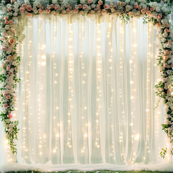 Suppromo 10ft x 10ft Ivory Tulle Photo Backdrop Curtain with Lights String for