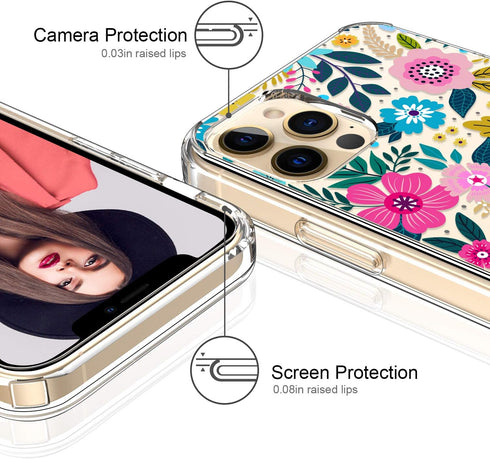 ICEDIO iPhone 12 Pro Max Case with Screen Protector, Clear with Cute Colorful Blooming Floral Patterns for Girls Women,