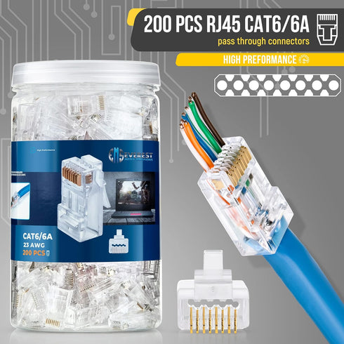 Everest Media Solutions RJ45 Cat6/6a Pass Through Connectors, 200 Pcs for Thick 23 AWG UTP Network Cable