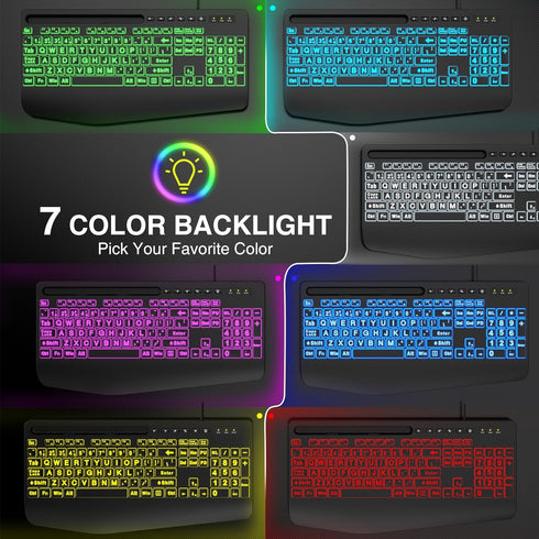 SABLUTE Large Print Backlit Computer Keyboards, Wired USB with 7-Color Backlit, Wrist Rest for Easy Typing
