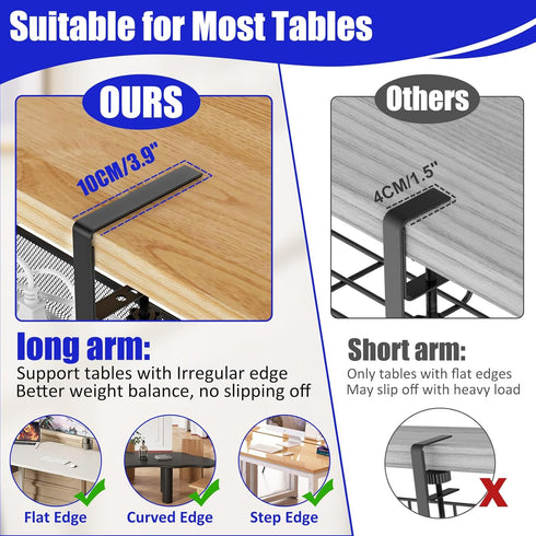 REFLYING Under Desk Cable Management Tray, Black Metal Long Arms, No Drill Mesh Desk Cable Tray for Office Organization