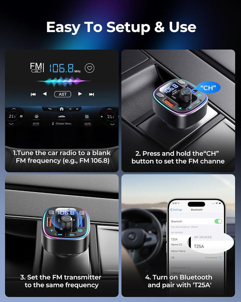 LENCENT 5.4 54W 2 Bluetooth Car Adapter FM Transmitter Fast Charging, Dual Mics, HiFi Bass Sound, Modes LED Backlit