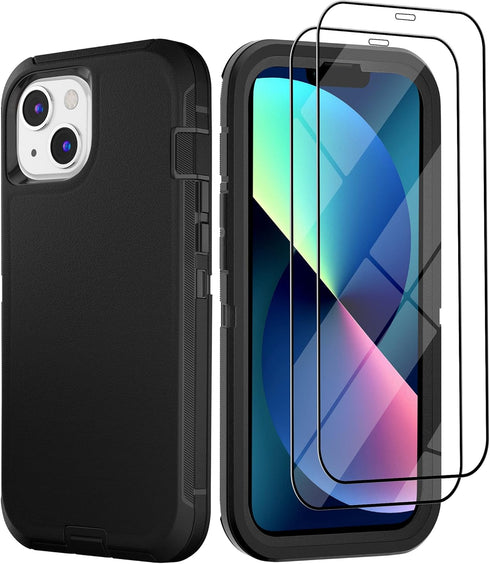Military Grade iPhone 13 Case with 2 Pack Screen Protector - Rugged Full Body Protection for Men & Women (Black)