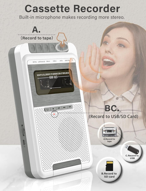 Gracioso Cassette Cassettes/USB/SD Cassette MP3 Cassette Player Recorder Converter,Record to Card via Mic, Portable