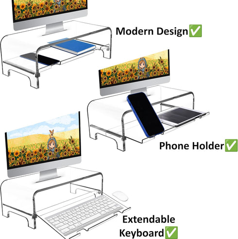 5.7 Inch AMT Acrylic Monitor Stand and Laptop Riser with Keyboard Cover, Clear Desktop Shelf for Office and Home