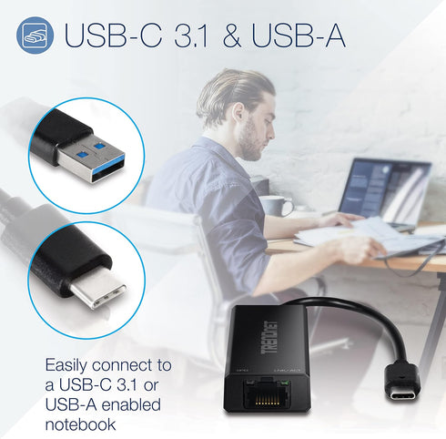 TRENDnet 2.5G USB-C to RJ-45 Ethernet Adapter - 2-in-1 Compatible with USB C/Thunderbolt 3 or USB 3.1, Black