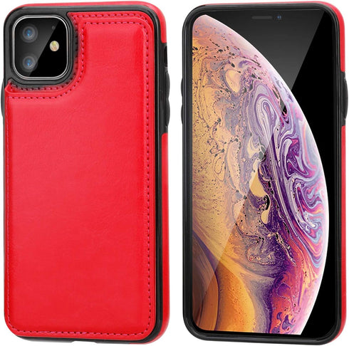 OT ONETOP iPhone 11 Wallet Case, Red PU Leather Kickstand with Card Holder, Shockproof Cover, 6.1 Inch