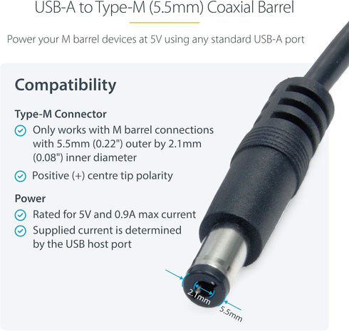 2m USB to Type M Barrel Cable, USB to 5.5mm 5V DC Cable