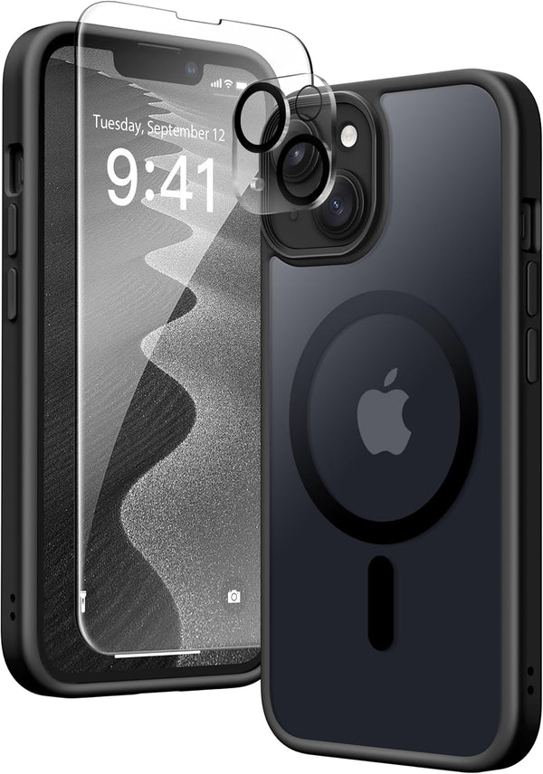 GONEZ Magnetic Case for iPhone 14, with Screen Protector & Camera Cover, Anti-Fingerprint, Black