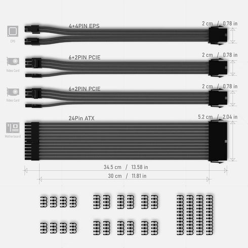 EZDIY-FAB PSU Cable Extension Sleeved Custom Mod GPU PC Power Supply, 30CM, Black