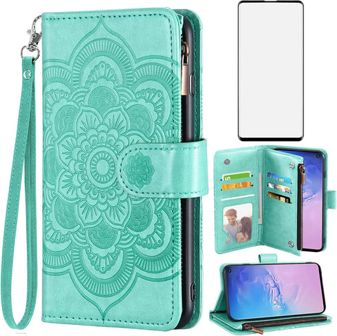 Asuwish Green Wallet Case for Samsung Galaxy S10, with Tempered Glass Screen Protector, Flower Flip Card Holder Cell