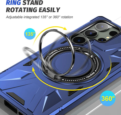 Galaxy S24 Ultra Case with Camera Lens Protector+360°Ring Holder Stand,Dual Layer Protective Sturdy Magnetic Heavy Duty Protection Hard PC Cover,Navy Blue