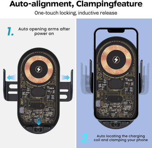 Wireless Car Charger with Phone Holder Mount, 15W-5W Qi Fast Charging Auto Clamping Car Charger Phone Holder Mount for