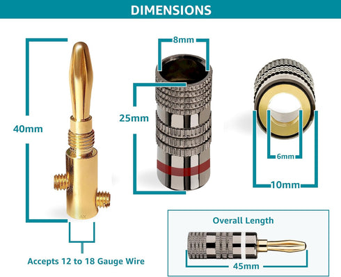 4 Pairs Banana Plugs (8 pcs: 4 White/4 Red), 24K Gold Plated Speaker Plug Connectors for Home Theater