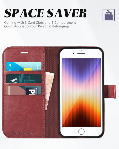 TUCCH Wallet Case for iPhone SE 2022/SE 2020/8/7, Dark Red PU Leather Folio Stand with Card Slot, Magnetic Closure [TPU