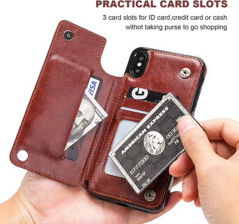 iPhone Xs Max Wallet Case, OT ONETOP Premium PU Leather with Card Holder, Brown, 6.5 Inch