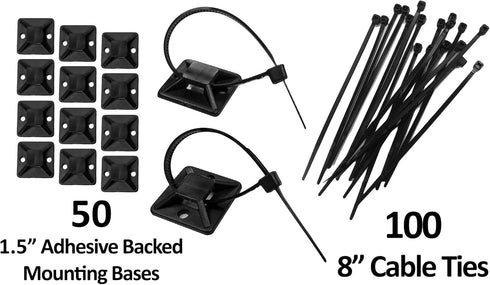 1.5" Adhesive Backed Mounting Bases with 8" Cable Ties - Black