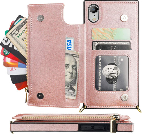 Bocasal Crossbody Wallet Case for iPhone Xr - Zipper Card Slot Protector with Removable Strap (Rose Gold)