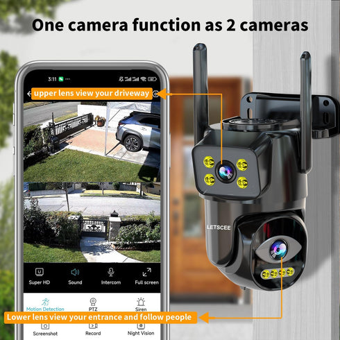 Dual Lens WiFi Security Camera Outdoor, PTZ Auto Tracking, HOM Security Surveillance System, Night Vision, 24/7
