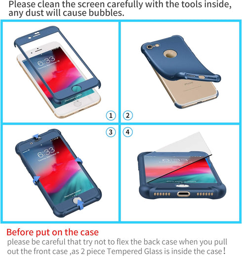 ORETECH iPhone 7/8 Case with 2 Pack HD Screen Protector, 360° Full-Body Silicone Soft TPU Protective Cover, Blue