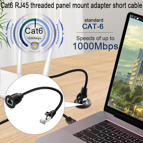 QIANRENON Cat6 RJ45 Flush Mount Network Short Cable Adapter, RJ45 8P8C Male to Female Threaded Fixed Connector,