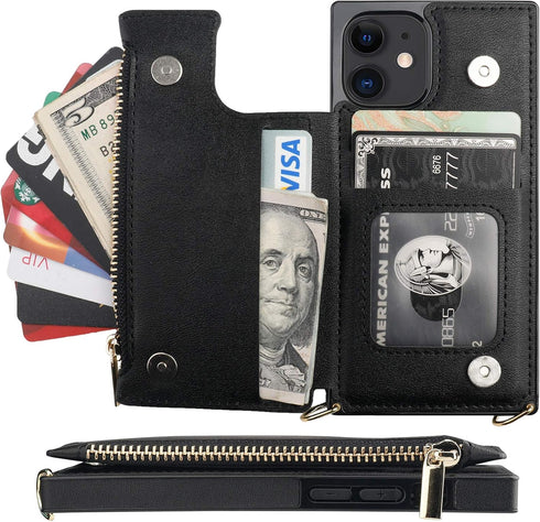 Bocasal Crossbody Wallet Case for iPhone 12/12 Pro, Card Holder, Zipper Slot, Shockproof Purse Cover, 6.1 Inch (Black)