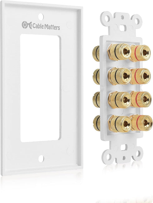 Cable Matters Speaker Wire Wall Plate for 4 Speakers, Banana Plug Wall Plate, White