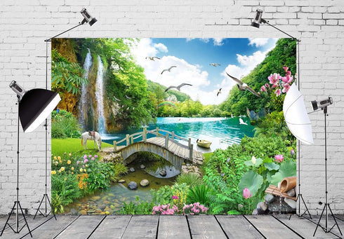 BELECO Picturesque Garden Background Fabric: 5x3ft Outdoor Tropical Landscape Mountain Trees Waterfall Scenery Backdrop