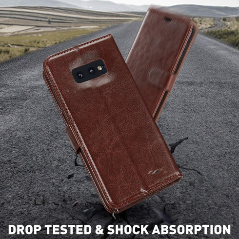 MONASAY Wallet Case for Galaxy S10e, 5.8 inch, Flip Folio Leather Cover with RFID Blocking, Brown, Screen Protector