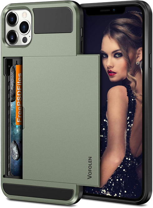 Vofolen Compatible with iPhone 12 Pro Max Case - 5G Wallet Cover with Credit Card Holder Slot, Army Green
