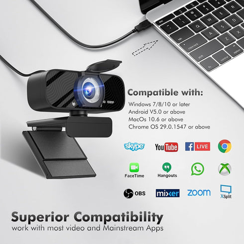 Gozvrpus 1080P USB HD Webcam with Built-in Microphone and Rotatable Tripod, Video, Wide Angle Camera, Privacy Cover