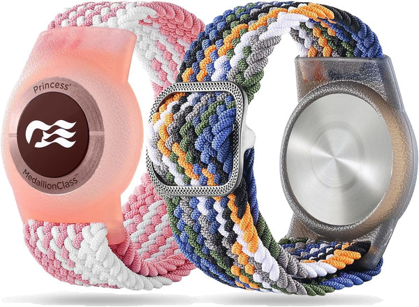 2 Pack Stretchy Nylon Princess Cruise Medallion Holder Watch Band, Adjustable Braided Elastic for Men Women Kids -