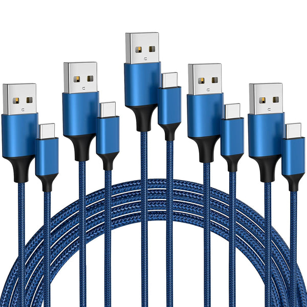 5-Pack USB Type C Cable (3/3/6/6/10FT) - Fast Charging, Nylon Braided, Compatible with Samsung Galaxy S9, LG V30,