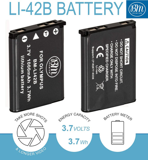 BM Premium 2-Pack of LI-42B Batteries for Olympus Stylus 1040, 1050W, 1060, 1070, 1200, 7000, 7010, 7020, 7030, 7040, Tough 3000, TG-310, TG-320, VR310, VR320, VR330 Digital Camera