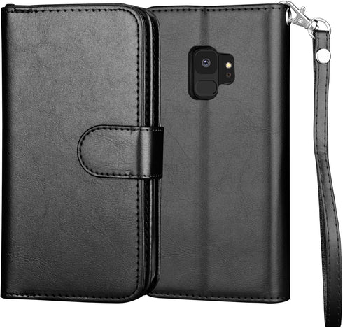 NJJEX PU Leather Wallet Case for Galaxy S9, Magnetic Folio Flip Cover, 9 Card Slots, Kickstand, Wrist Lanyard, Black