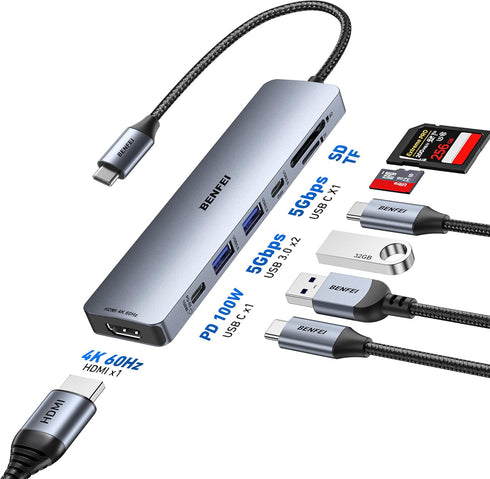 BENFEI 7-in-1 HDMI(4K@60Hz), 2 1 100W 15 USB C Hub with USB-A, USB-C Data, Charge, SD/TF Card Reader, Silicone