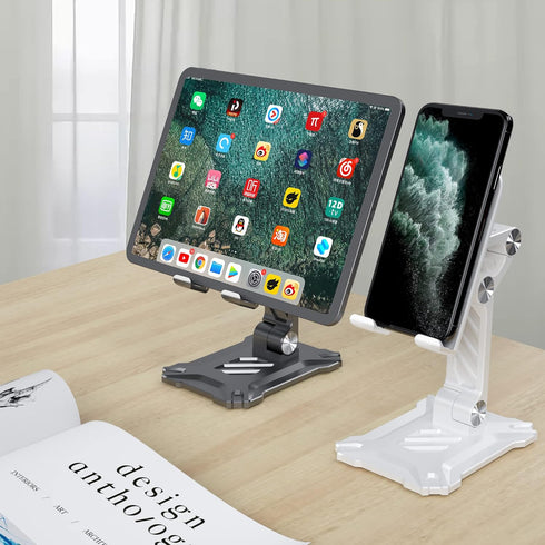 Pezixueran 4.7-13in Phone Stand for Desk. Foldable Desktop Mobile Phone Stand with Angle Height Adjustable, Portable